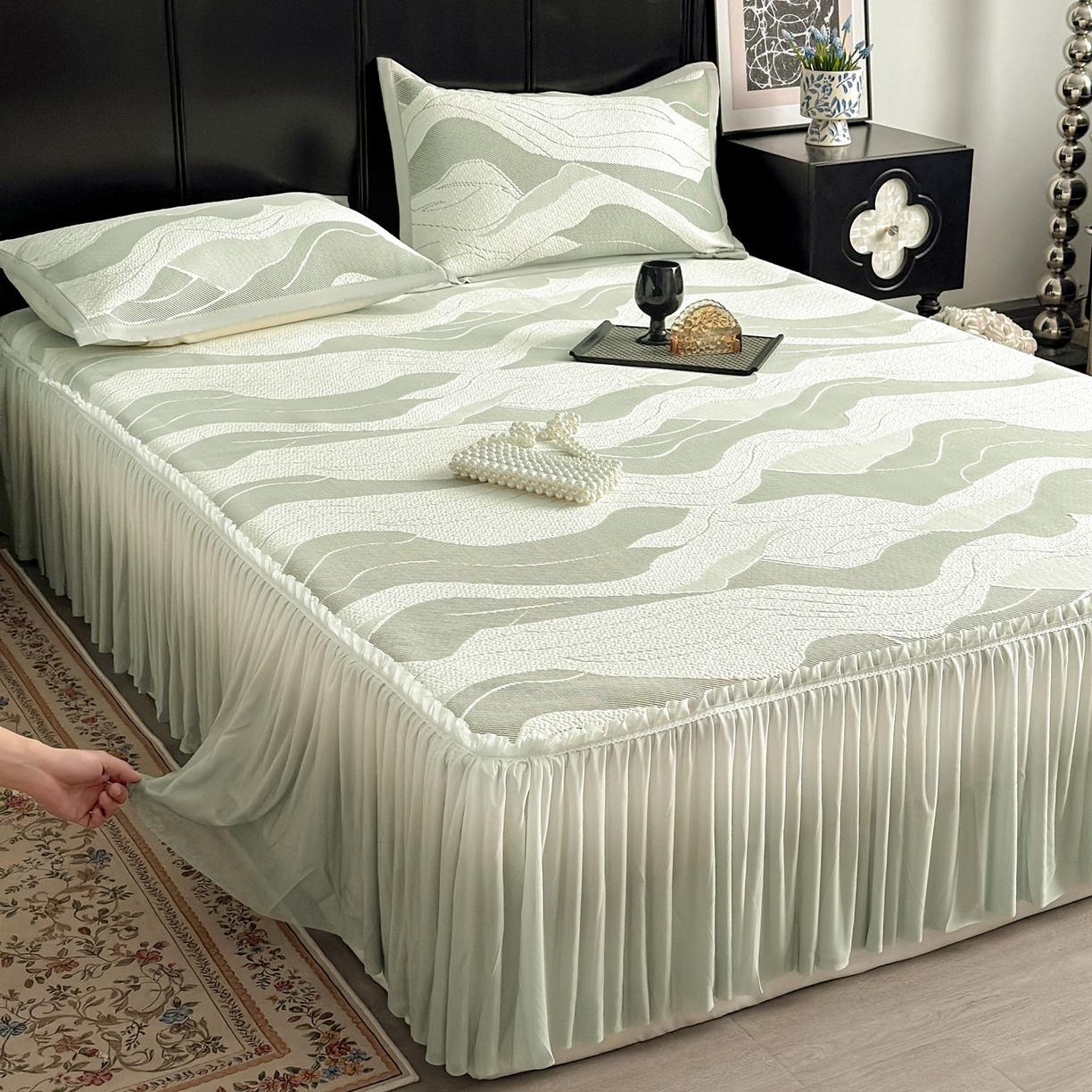 91家纺网 家纺一手货源 找家纺 富馨莱 2026春夏新款PE乙纶高克重冰豆豆席凉感凉席单件床裙三件套支持一件定做尺寸 波纹-绿