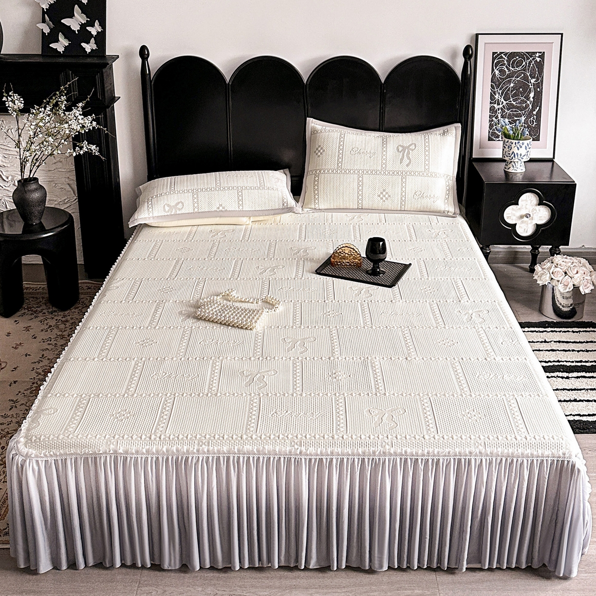 富馨莱 2026春夏新款PE乙纶高克重冰豆豆席凉感凉席单件床裙三件套支持一件定做尺寸 花蝶-灰