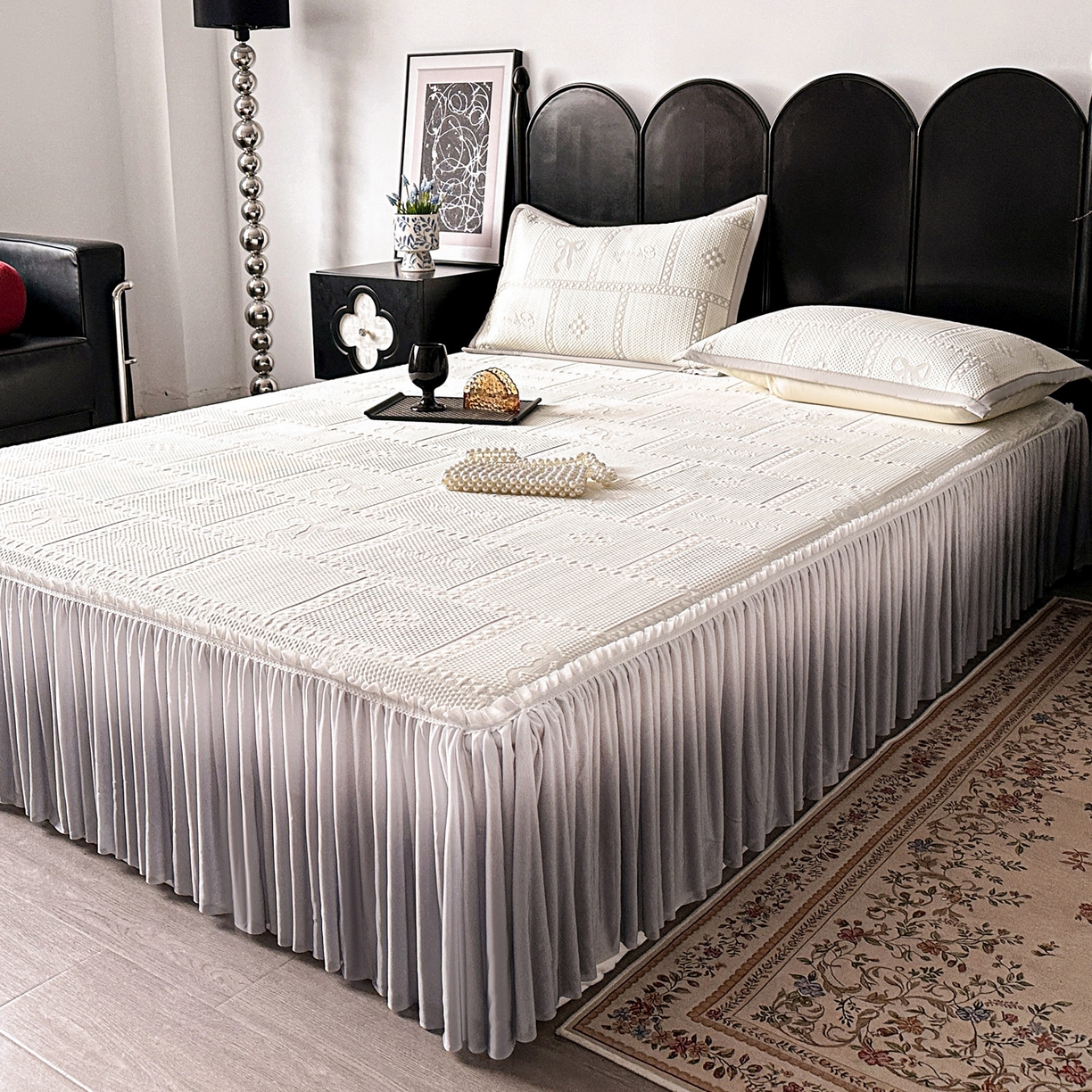 91家纺网 家纺一手货源 找家纺 富馨莱 2026春夏新款PE乙纶高克重冰豆豆席凉感凉席单件床裙三件套支持一件定做尺寸 花蝶-灰