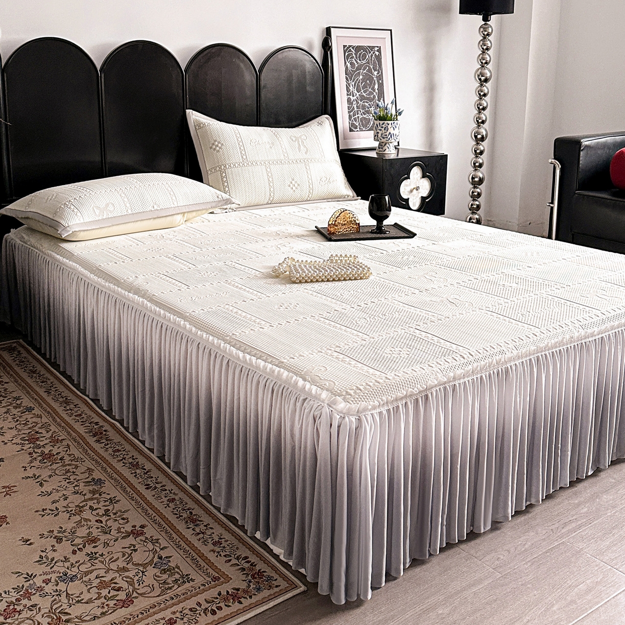 91家纺网 家纺一手货源 找家纺 富馨莱 2026春夏新款PE乙纶高克重冰豆豆席凉感凉席单件床裙三件套支持一件定做尺寸 花蝶-灰