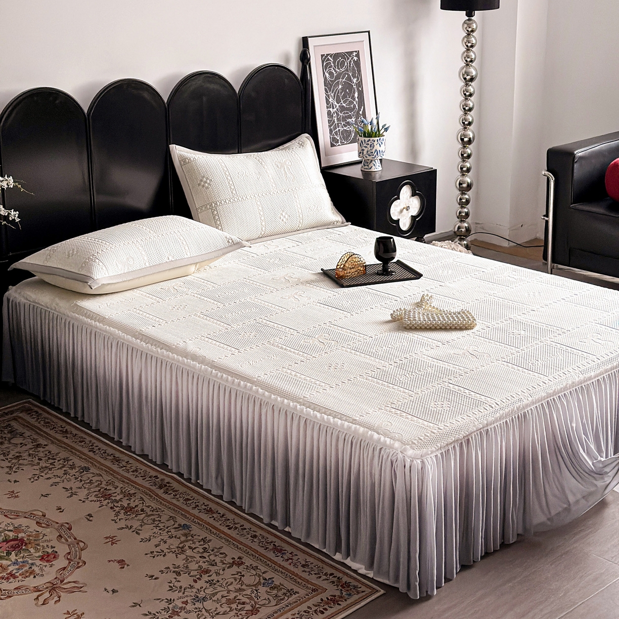 91家纺网 家纺一手货源 找家纺 富馨莱 2026春夏新款PE乙纶高克重冰豆豆席凉感凉席单件床裙三件套支持一件定做尺寸 花蝶-灰