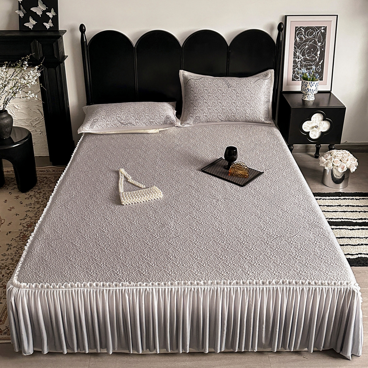 富馨莱 2026春夏新款PE乙纶高克重冰豆豆席凉感凉席单件床裙三件套支持一件定做尺寸 寻意-灰