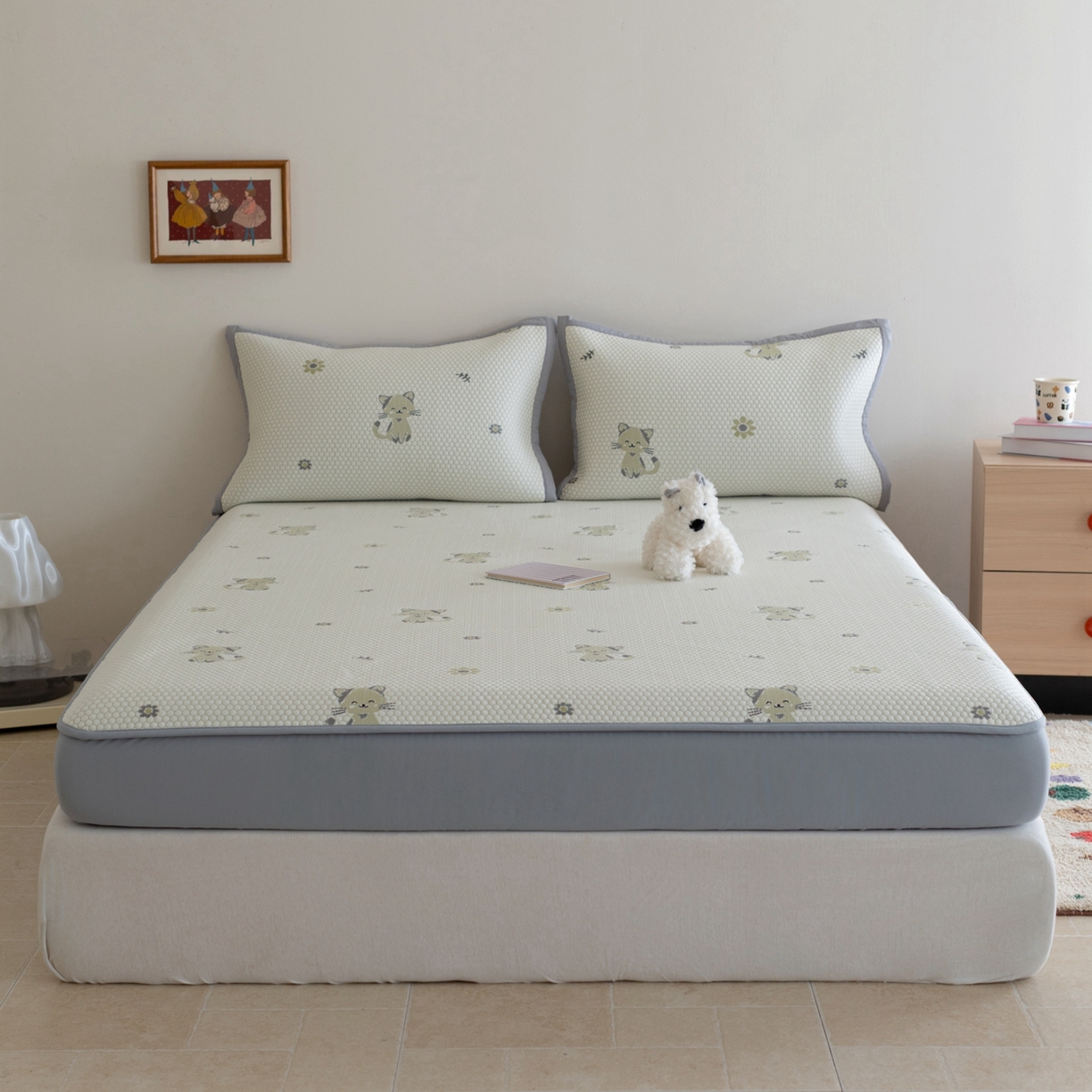 云上 2026新款冷萃丝三明治凉感席凉席席子-卡通系列 小猫床笠款-灰绿