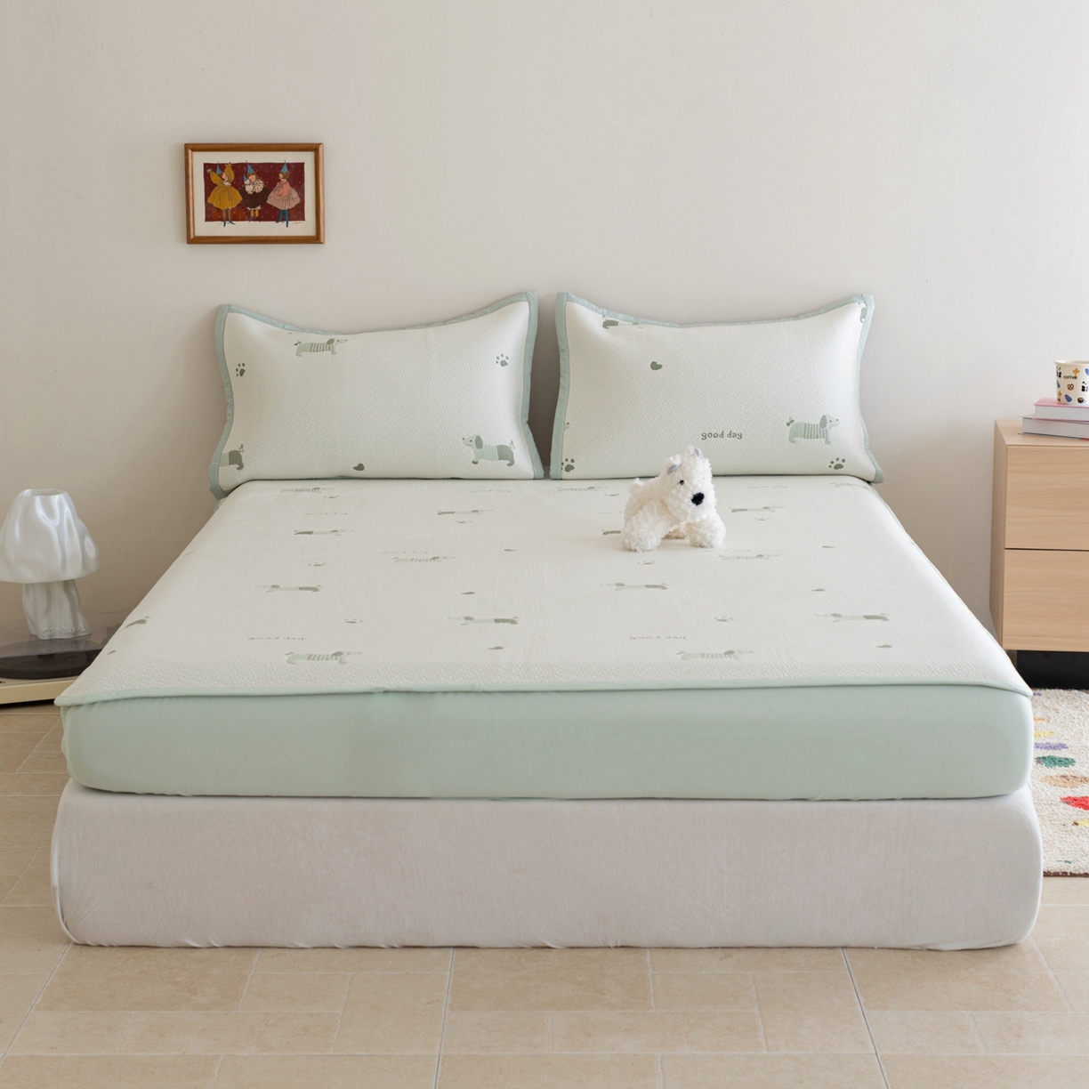 云上 2026新款冷萃丝三明治凉感席凉席席子-卡通系列 小狗床笠-绿