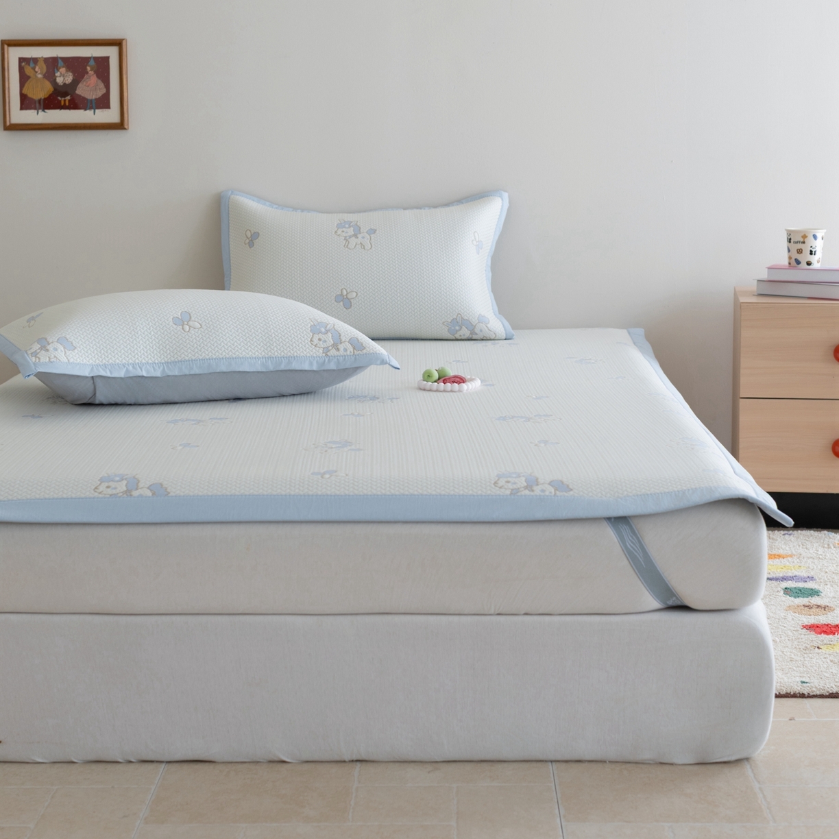 91家纺网 家纺一手货源 找家纺 云上 2026新款冷萃丝三明治凉感席凉席席子-卡通系列 小马床席款-蓝色