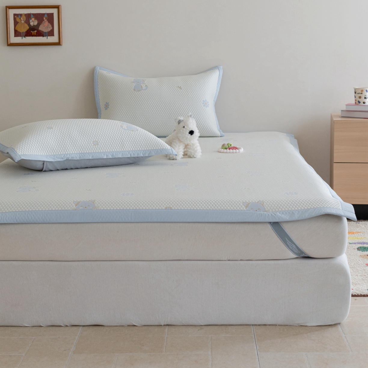 91家纺网 家纺一手货源 找家纺 云上 2026新款冷萃丝三明治凉感席凉席席子-卡通系列 小猫床席款-蓝色