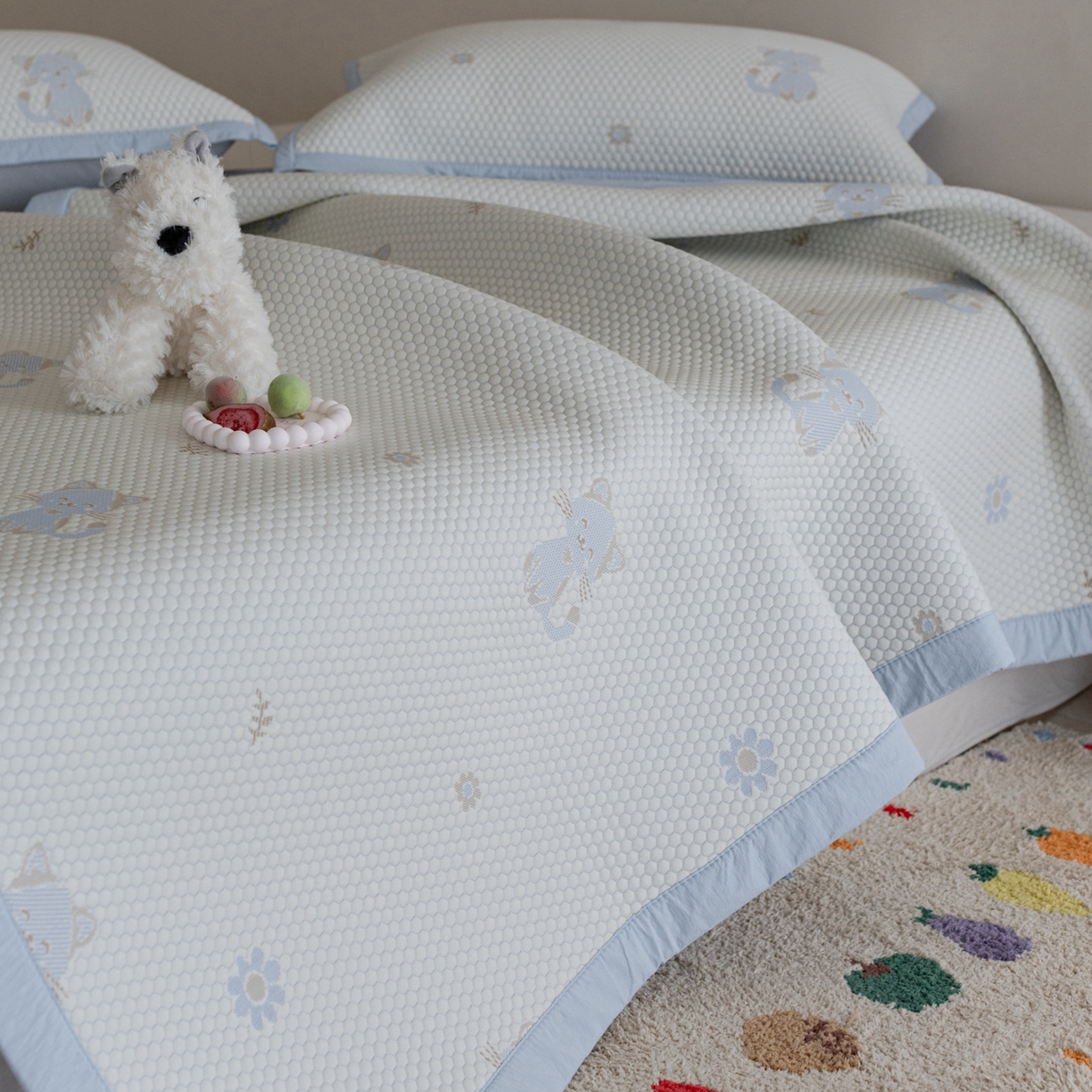 91家纺网 家纺一手货源 找家纺 云上 2026新款冷萃丝三明治凉感席凉席席子-卡通系列 小猫床席款-蓝色