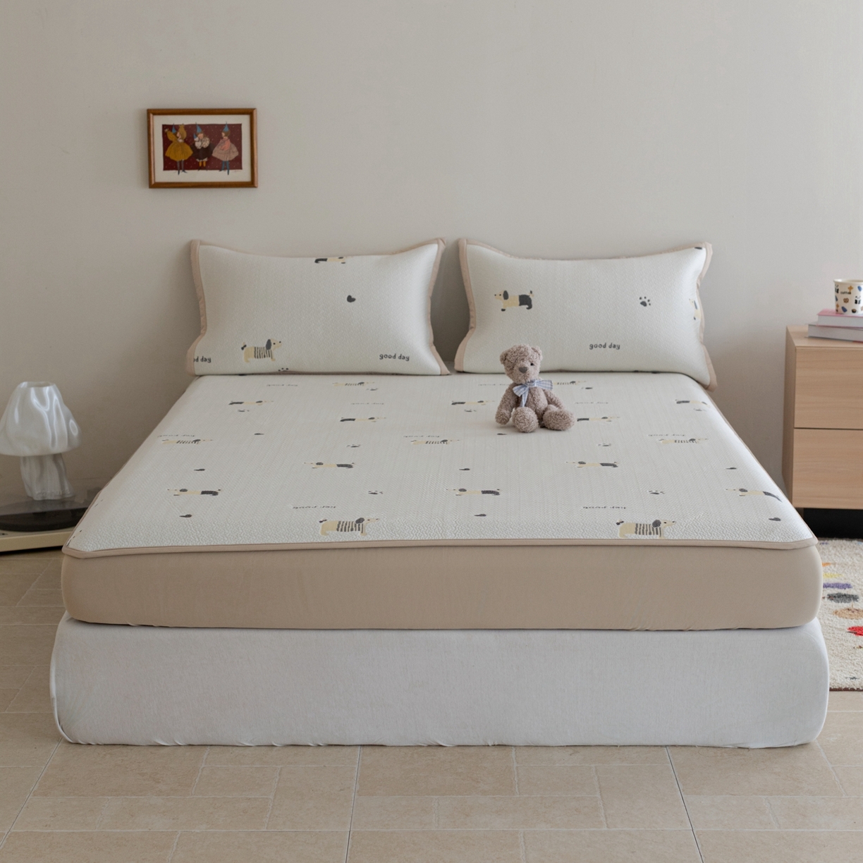 云上 2026新款冷萃丝三明治凉感席凉席席子-卡通系列 小狗床笠-米黄