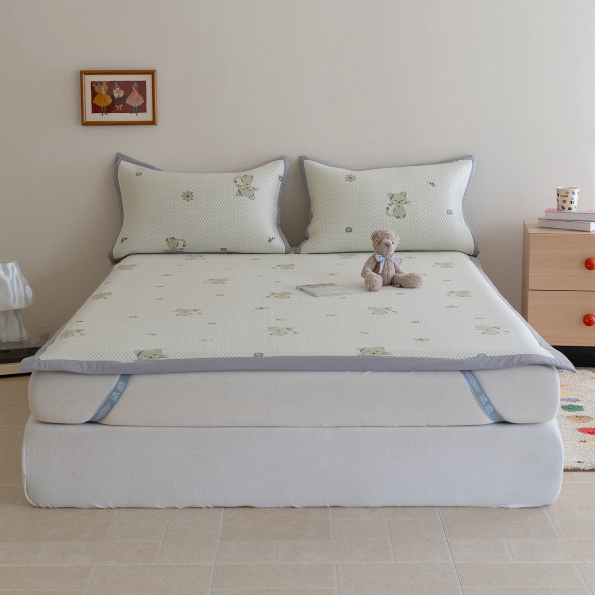 云上 2026新款冷萃丝三明治凉感席凉席席子-卡通系列 小猫床席款-灰绿