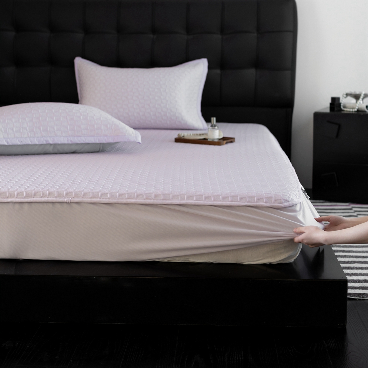 91家纺网 家纺一手货源 找家纺 云上 2026新款冷萃丝三明治凉感席凉席席子-泡芙格系列 泡芙格床笠-紫色