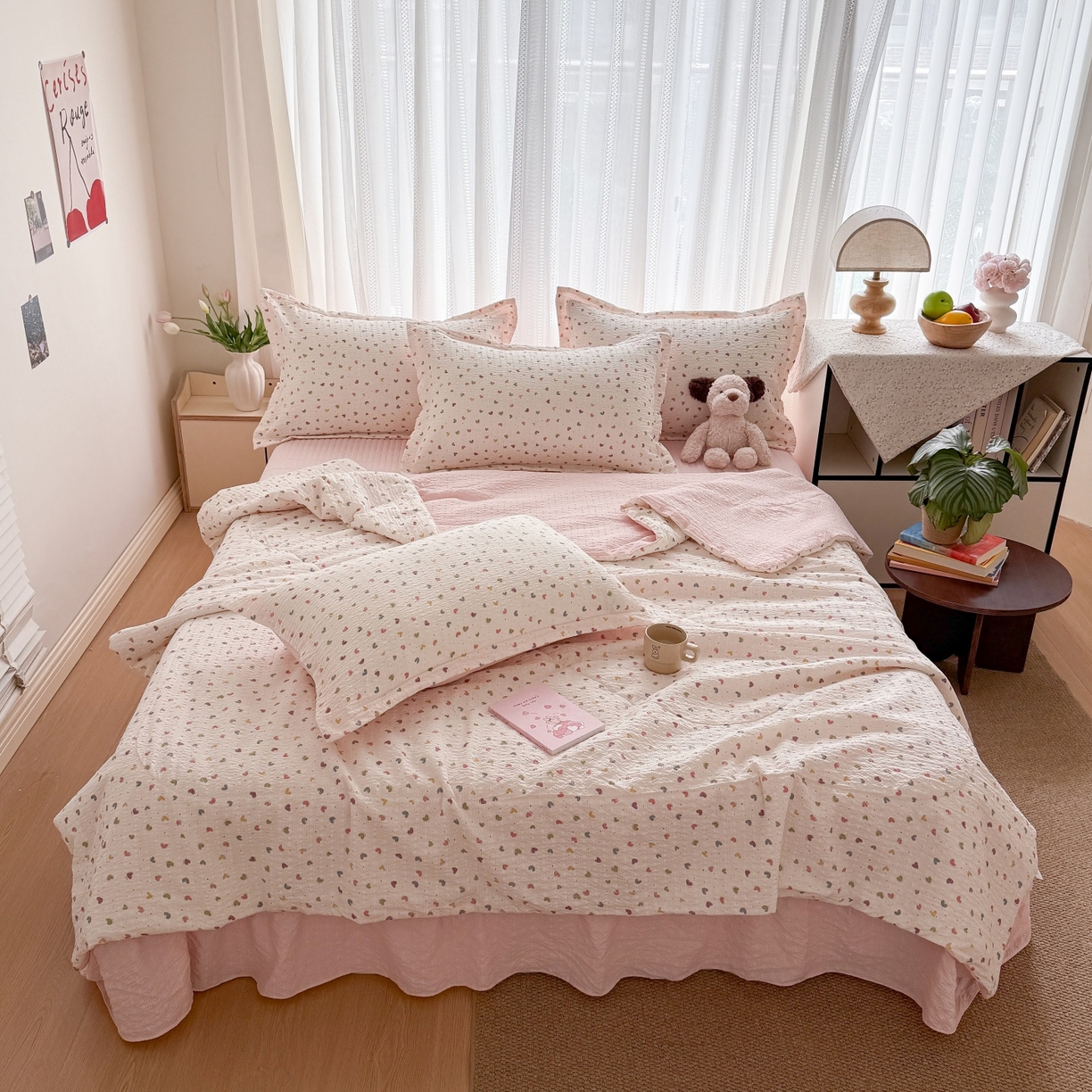 91家纺网 家纺一手货源 找家纺 禾沐 2026新款泡芙棉泡芙纱夏被四件套 爱心点点