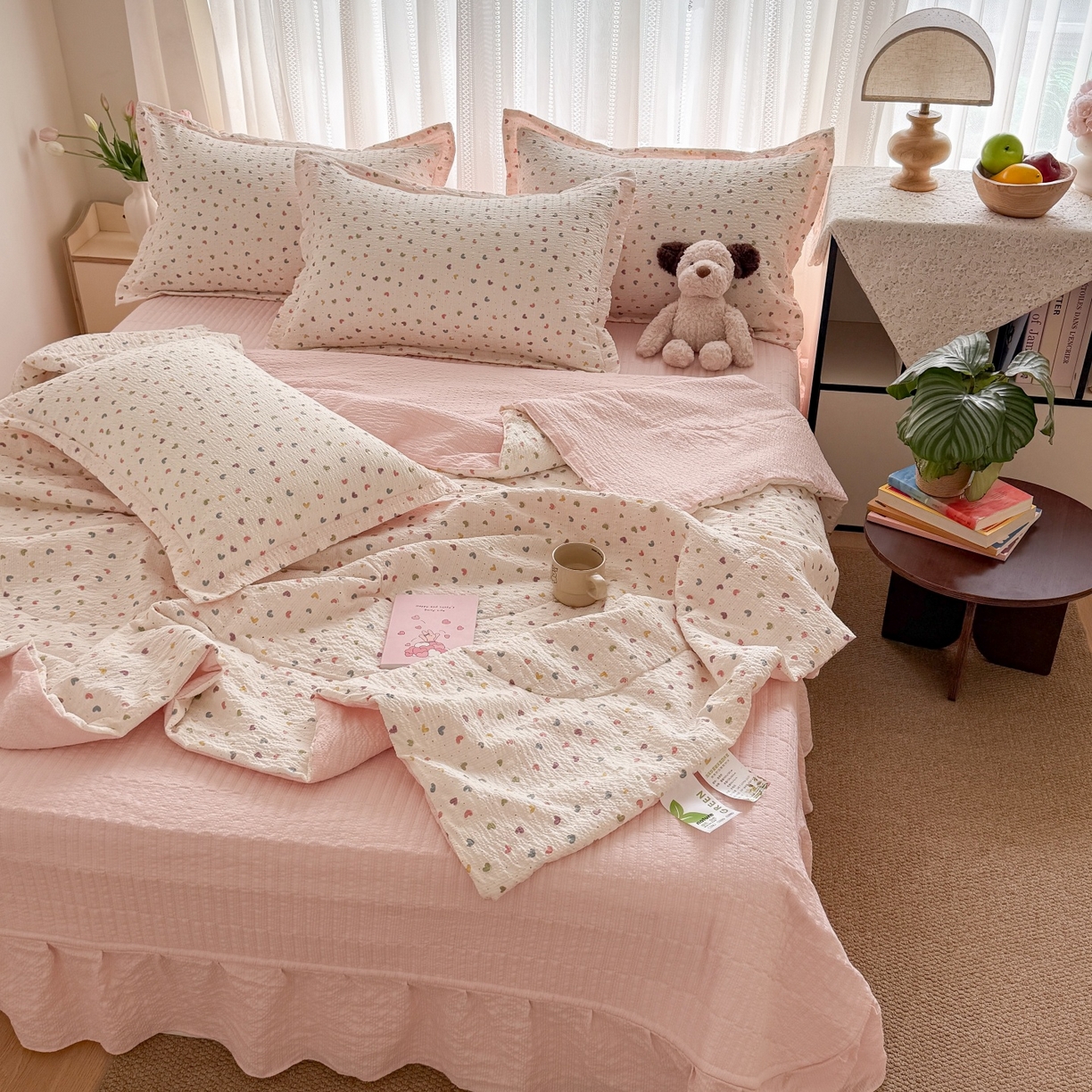 91家纺网 家纺一手货源 找家纺 禾沐 2026新款泡芙棉泡芙纱夏被四件套 爱心点点