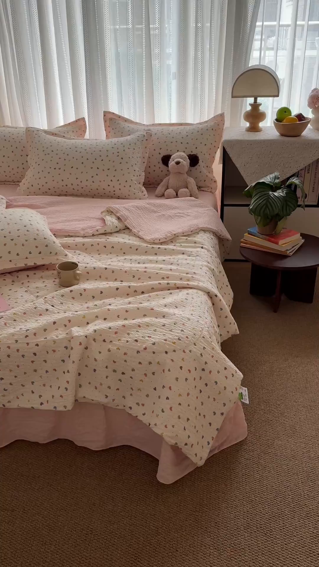 91家纺网 家纺一手货源 找家纺 禾沐 2026新款泡芙棉泡芙纱夏被四件套 爱心点点
