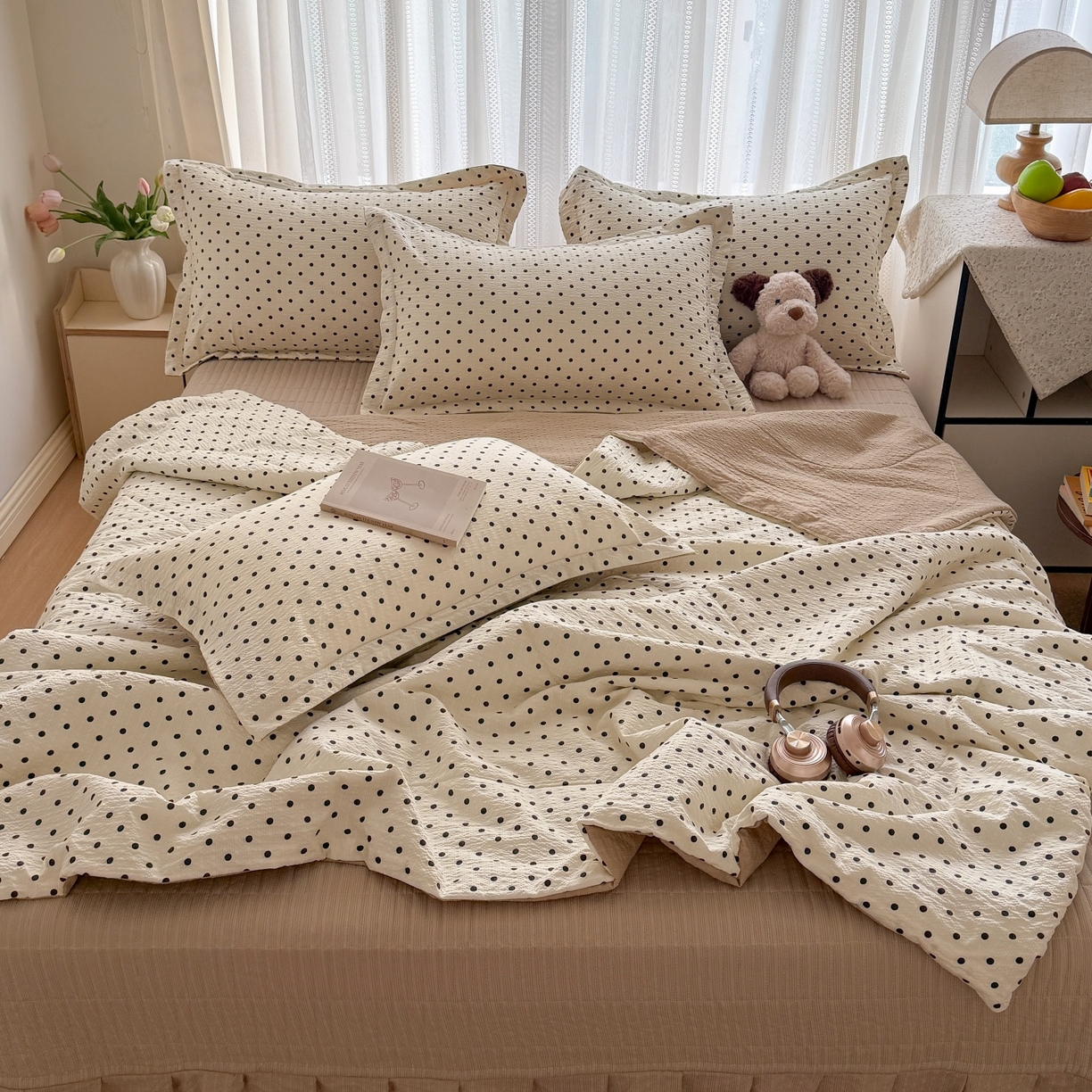 91家纺网 家纺一手货源 找家纺 禾沐 2026新款泡芙棉泡芙纱夏被四件套 波点