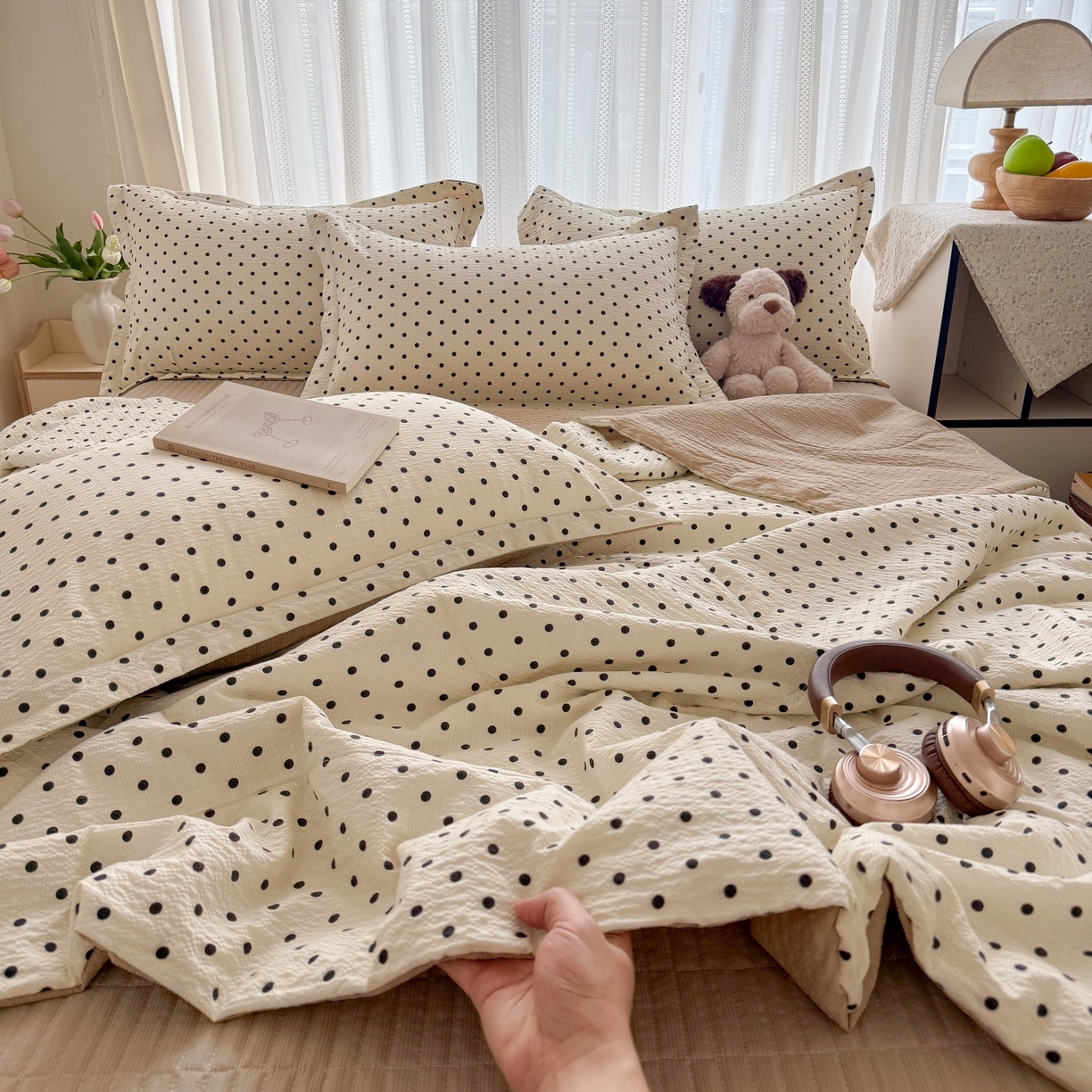 91家纺网 家纺一手货源 找家纺 禾沐 2026新款泡芙棉泡芙纱夏被四件套 波点