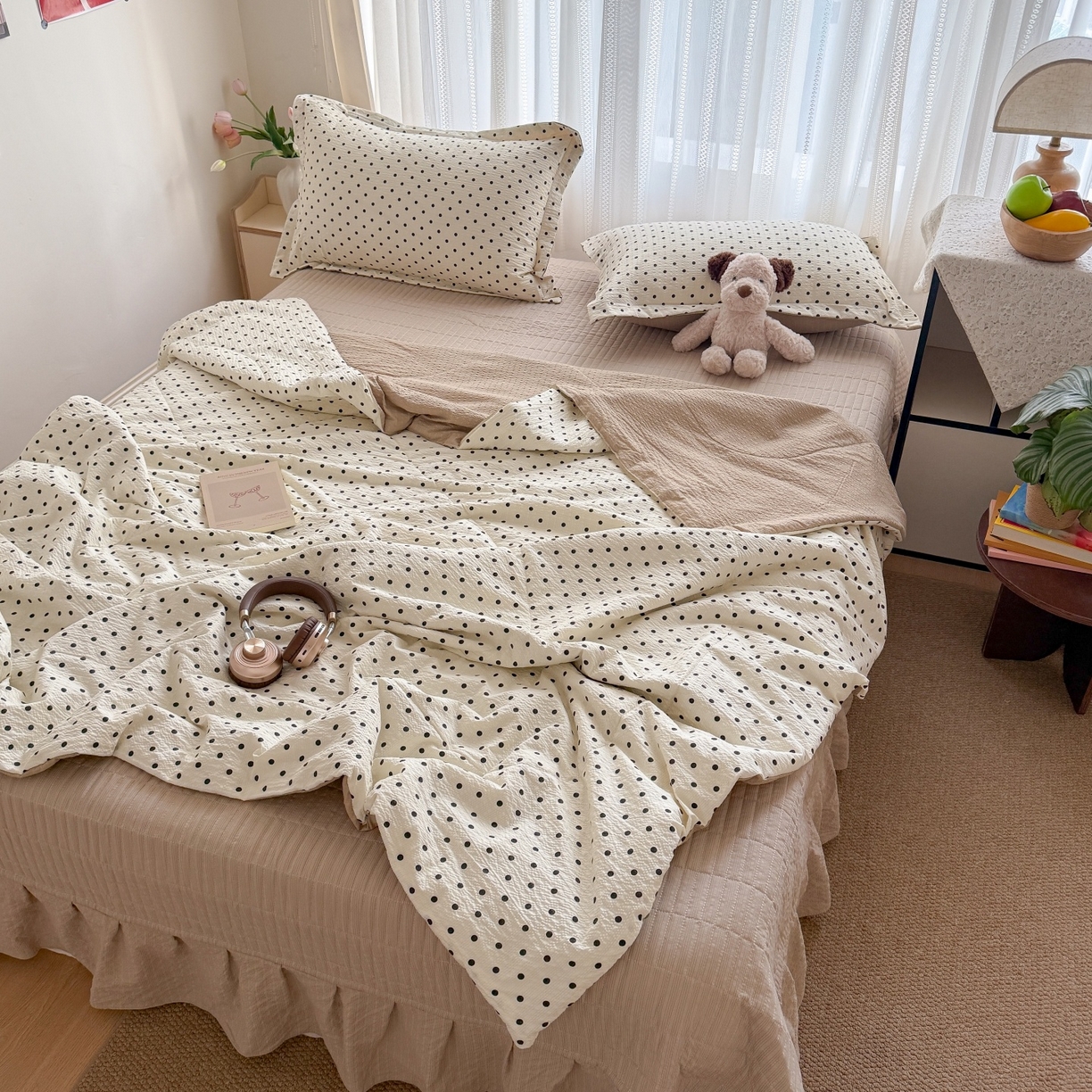 91家纺网 家纺一手货源 找家纺 禾沐 2026新款泡芙棉泡芙纱夏被四件套 波点