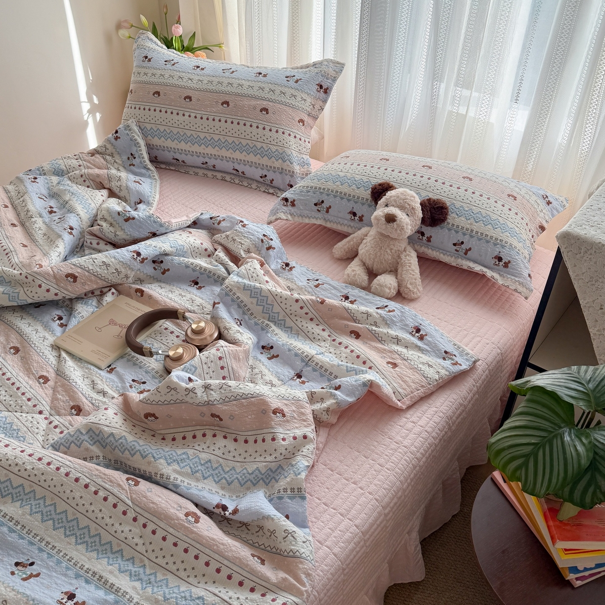 91家纺网 家纺一手货源 找家纺 禾沐 2026新款泡芙棉泡芙纱夏被四件套 费尔岛小狗