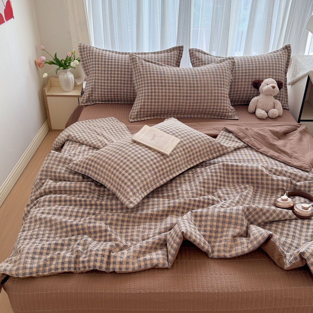 91家纺网 家纺一手货源 找家纺 禾沐 2026新款泡芙棉泡芙纱夏被四件套 古典格