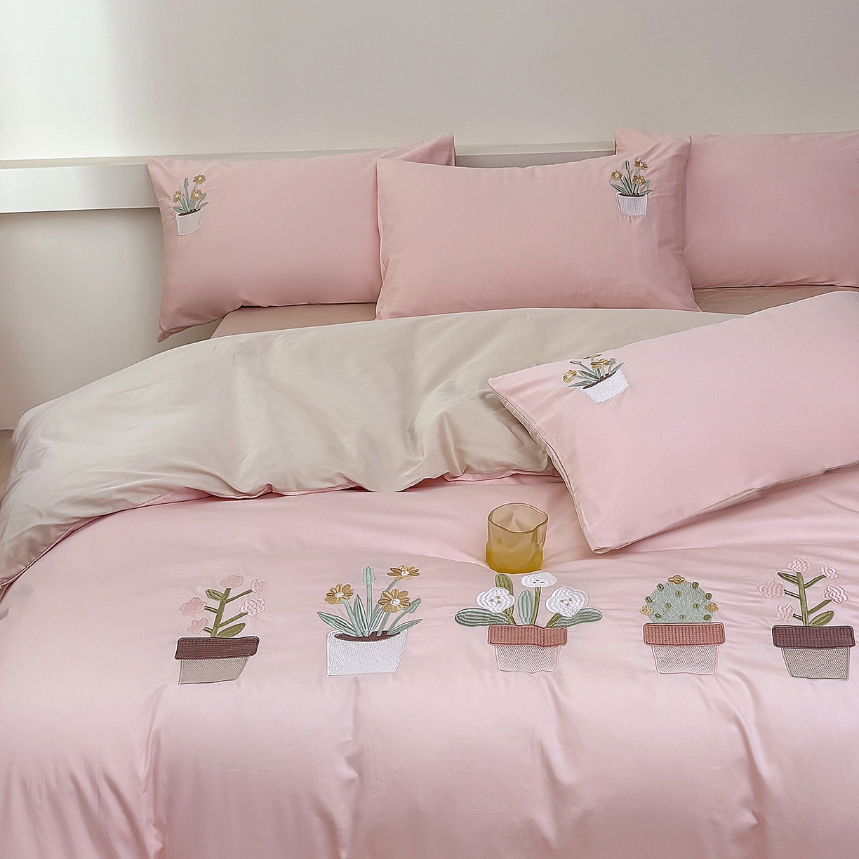 合欢（原天一阁） 2026新款50s双股长绒棉纯棉刺绣四件套礼盒装-秘境花园 秘境花园-暖心粉+卡其