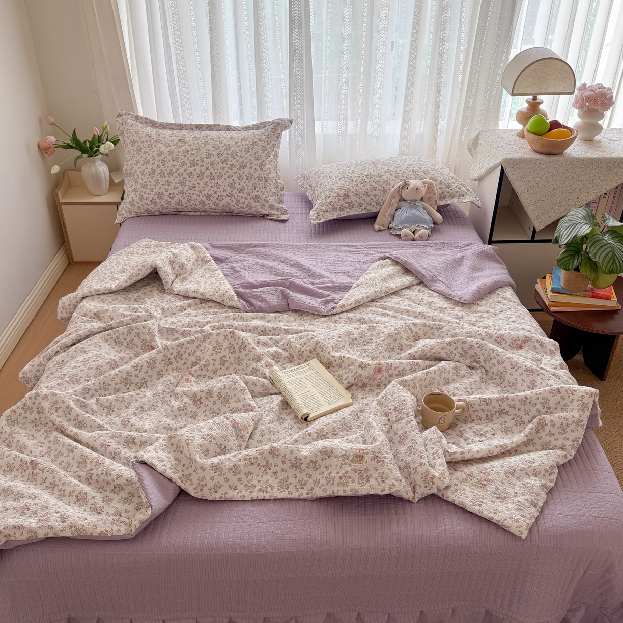 91家纺网 家纺一手货源 找家纺 禾沐 2026新款泡芙棉泡芙纱夏被四件套 红果兔兔