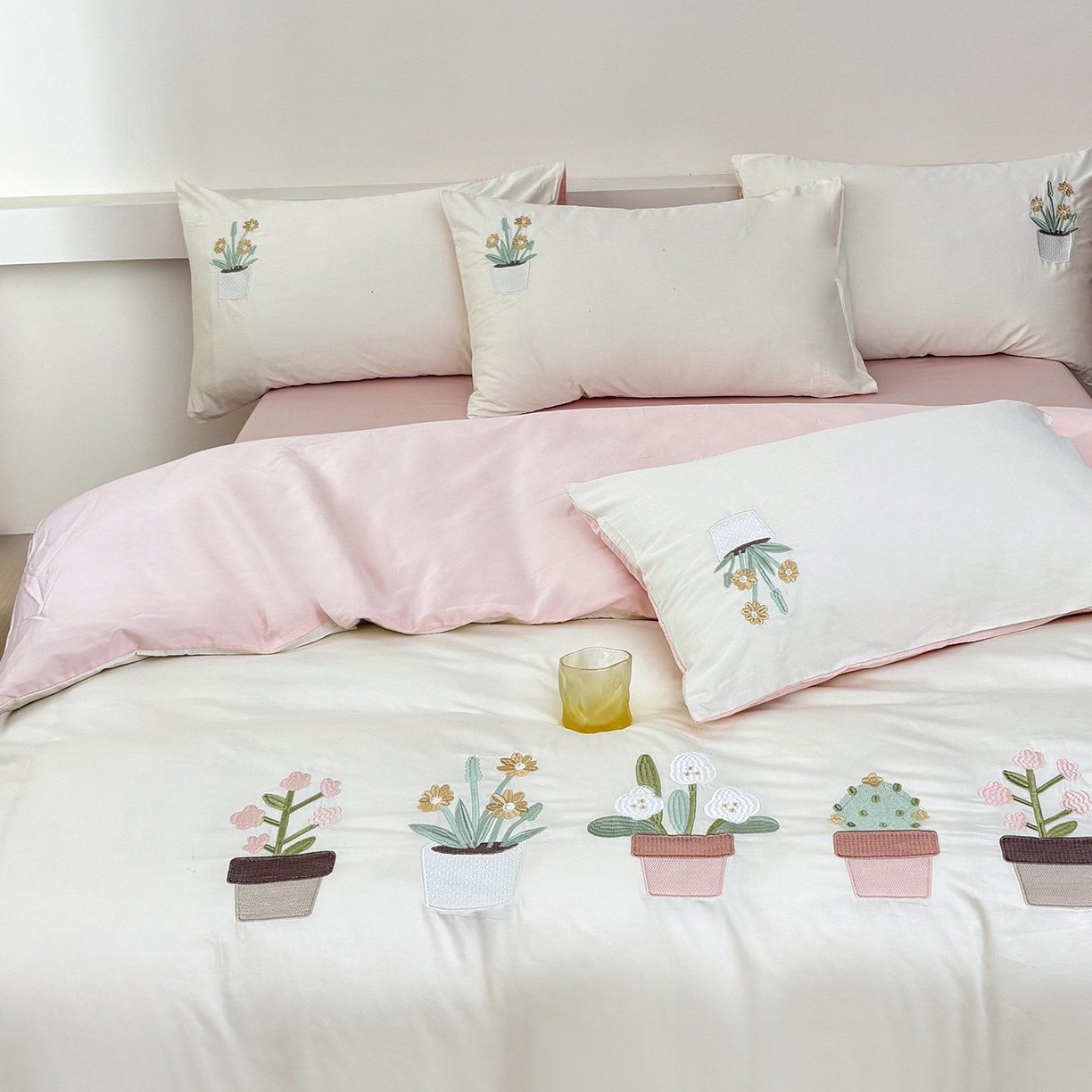 合欢（原天一阁） 2026新款50s双股长绒棉纯棉刺绣四件套礼盒装-秘境花园 秘境花园-奶白+粉