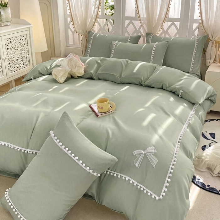 91家纺网 家纺一手货源 找家纺 七七家纺 2026新款亲肤磨毛马卡龙小毛球四件套 小毛球-柠绿