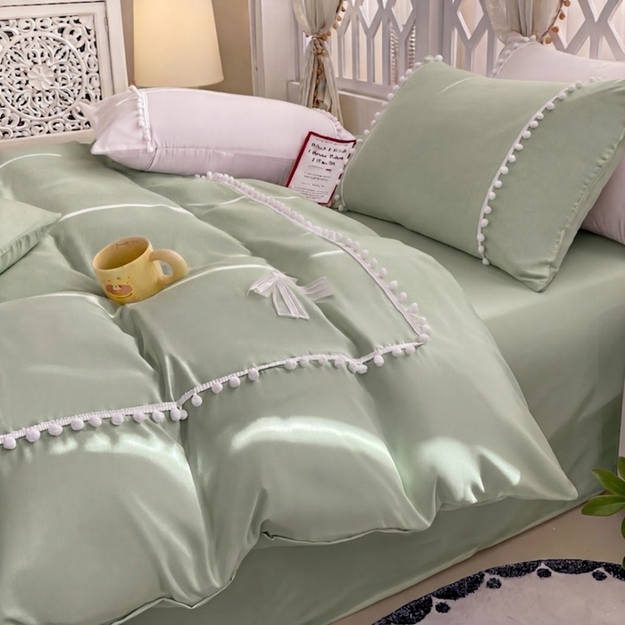 91家纺网 家纺一手货源 找家纺 七七家纺 2026新款亲肤磨毛马卡龙小毛球四件套 小毛球-柠绿