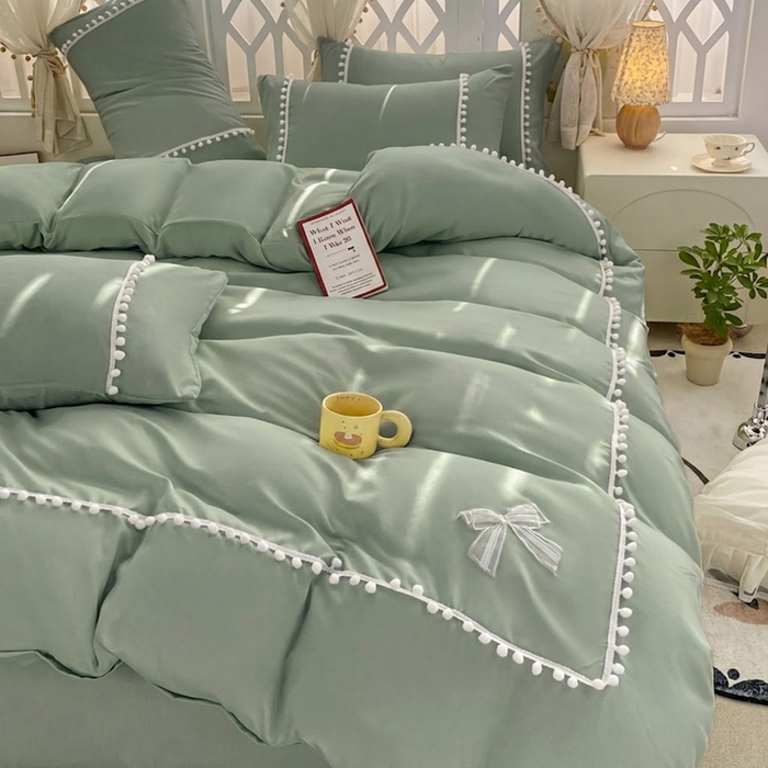 91家纺网 家纺一手货源 找家纺 七七家纺 2026新款亲肤磨毛马卡龙小毛球四件套 小毛球-柠绿