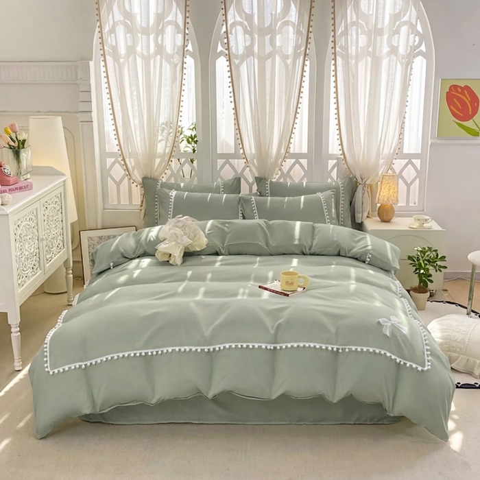 91家纺网 家纺一手货源 找家纺 七七家纺 2026新款亲肤磨毛马卡龙小毛球四件套 小毛球-柠绿