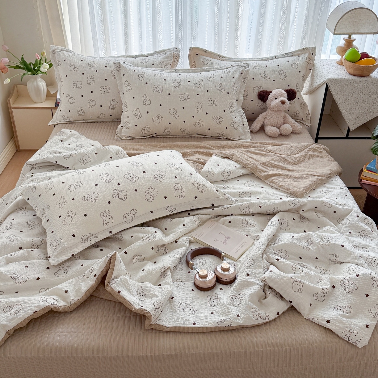 91家纺网 家纺一手货源 找家纺 禾沐 2026新款泡芙棉泡芙纱夏被四件套 描线猫