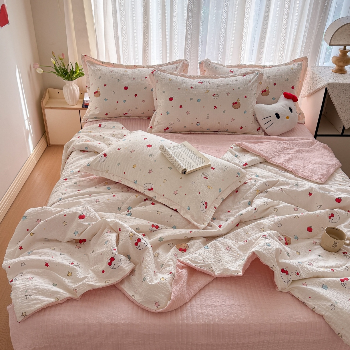 91家纺网 家纺一手货源 找家纺 禾沐 2026新款泡芙棉泡芙纱夏被四件套 星芒凯蒂