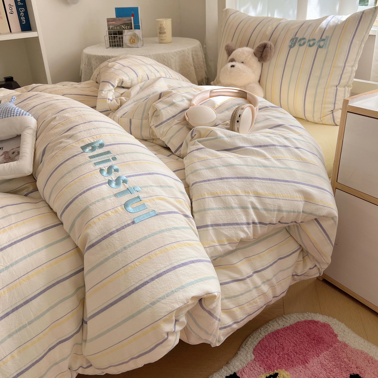 91家纺网 家纺一手货源 找家纺 丽涵家纺 2026新款全棉纯棉色织水洗棉绣花单被套被套单件 韵律-紫