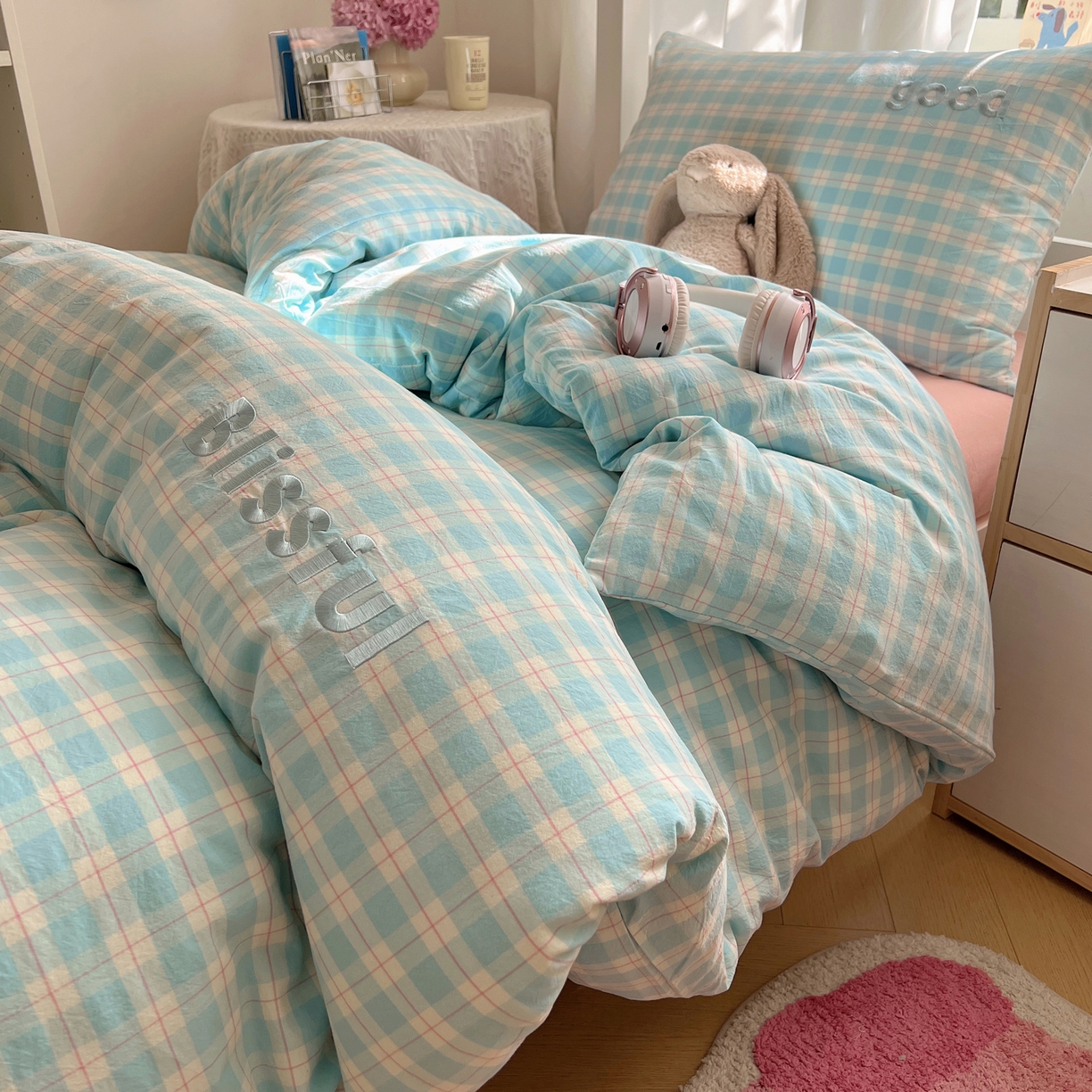 91家纺网 家纺一手货源 找家纺 丽涵家纺 2026新款全棉纯棉色织水洗棉绣花单被套被套单件 尚格-蓝