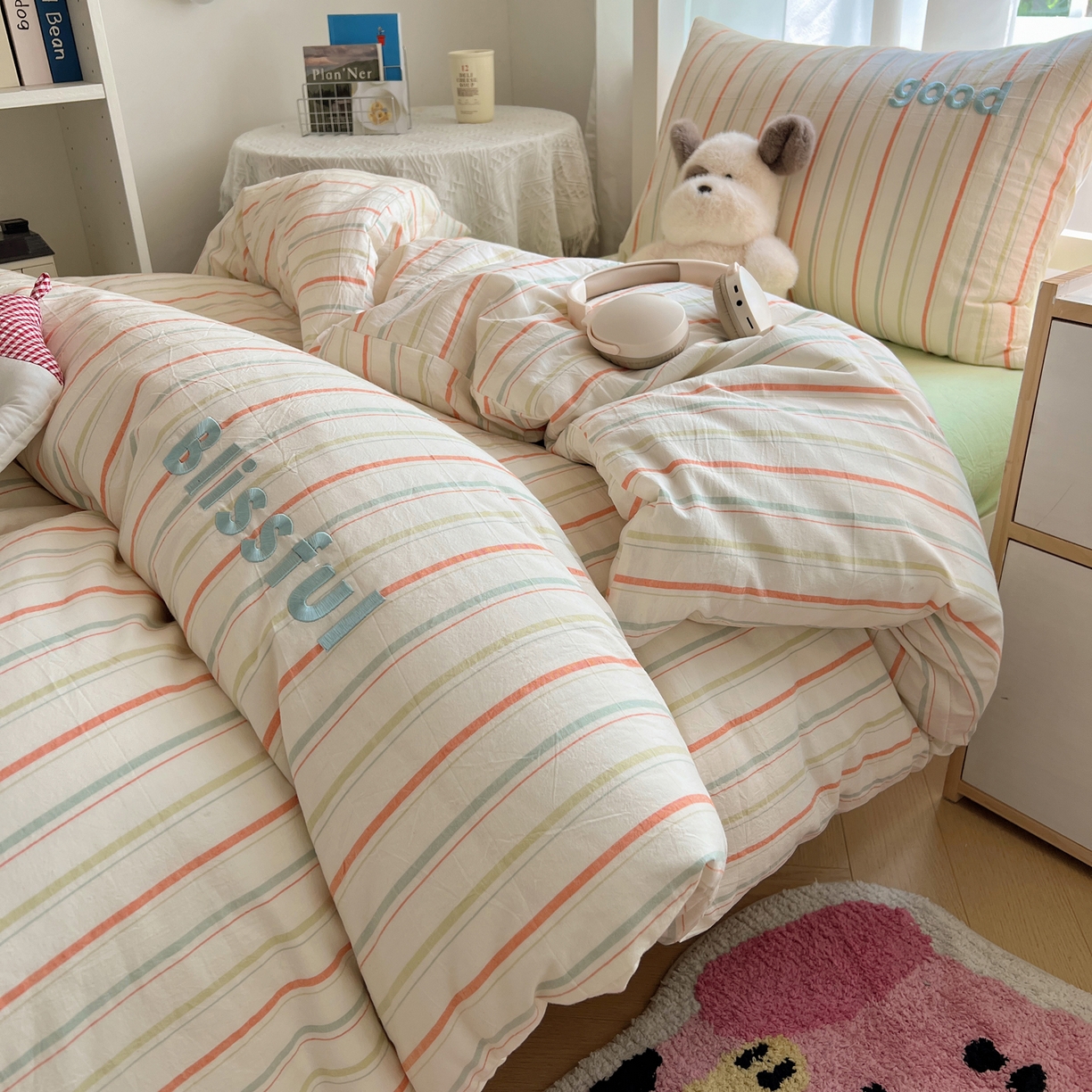 91家纺网 家纺一手货源 找家纺 丽涵家纺 2026新款全棉纯棉色织水洗棉绣花单被套被套单件 韵律-绿