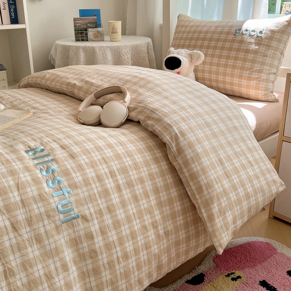 91家纺网 家纺一手货源 找家纺 丽涵家纺 2026新款全棉纯棉色织水洗棉绣花单被套被套单件 尚格-咖