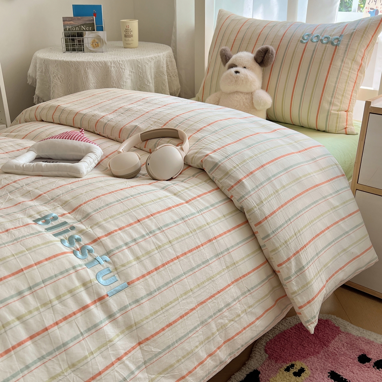 91家纺网 家纺一手货源 找家纺 丽涵家纺 2026新款全棉纯棉色织水洗棉绣花单被套被套单件 韵律-绿