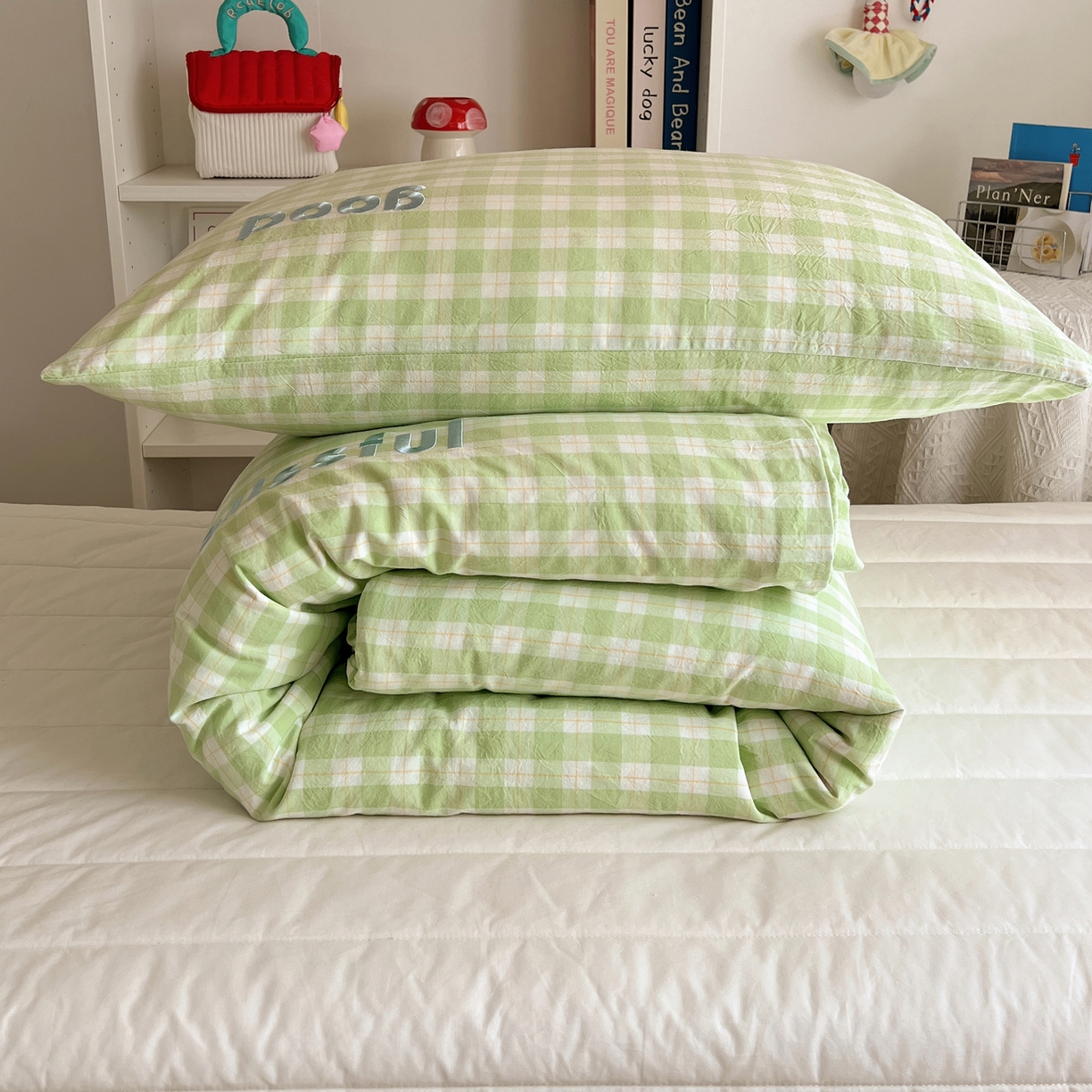 丽涵家纺 2026新款全棉纯棉色织水洗棉绣花单被套被套单件 尚格-绿