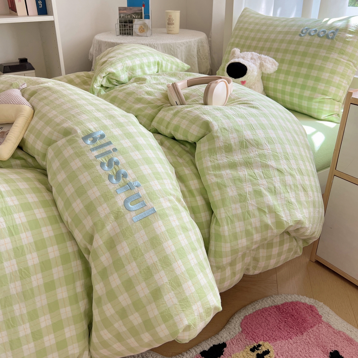 91家纺网 家纺一手货源 找家纺 丽涵家纺 2026新款全棉纯棉色织水洗棉绣花单被套被套单件 尚格-绿