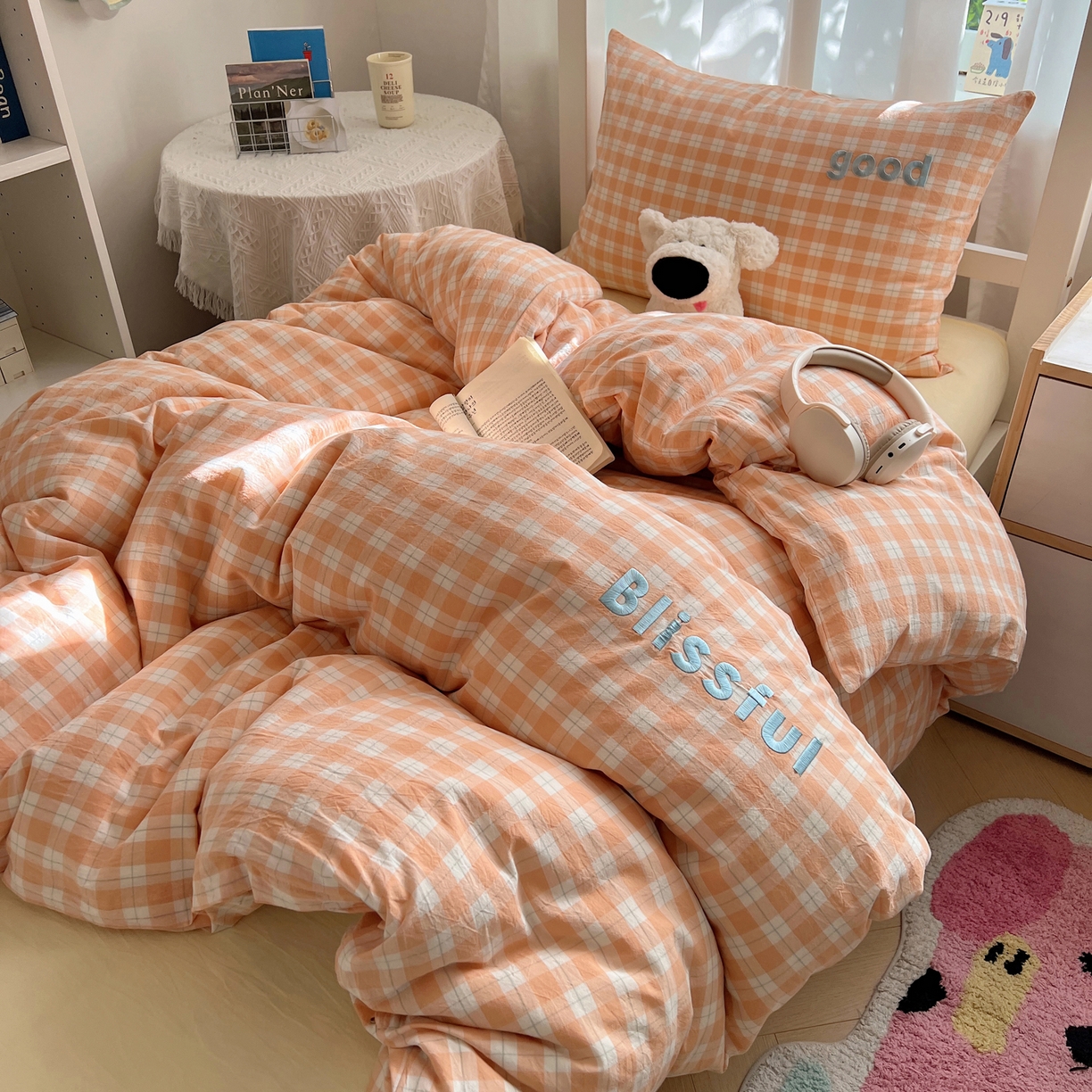 91家纺网 家纺一手货源 找家纺 丽涵家纺 2026新款全棉纯棉色织水洗棉绣花单被套被套单件 尚格-橘