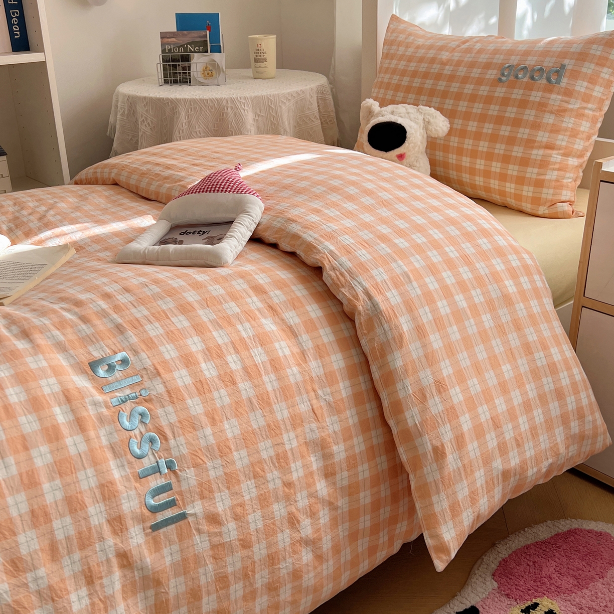 91家纺网 家纺一手货源 找家纺 丽涵家纺 2026新款全棉纯棉色织水洗棉绣花单被套被套单件 尚格-橘