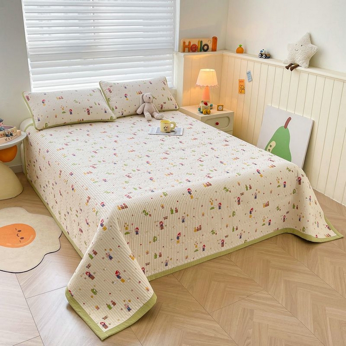 91家纺网 家纺一手货源 找家纺 梵朴 2026新款A类泡芙双层纱云感邹邹纱床盖三件套 快乐马里奥