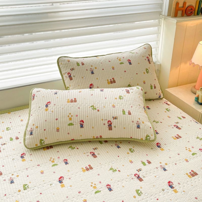 91家纺网 家纺一手货源 找家纺 梵朴 2026新款A类泡芙双层纱云感邹邹纱床盖三件套 快乐马里奥