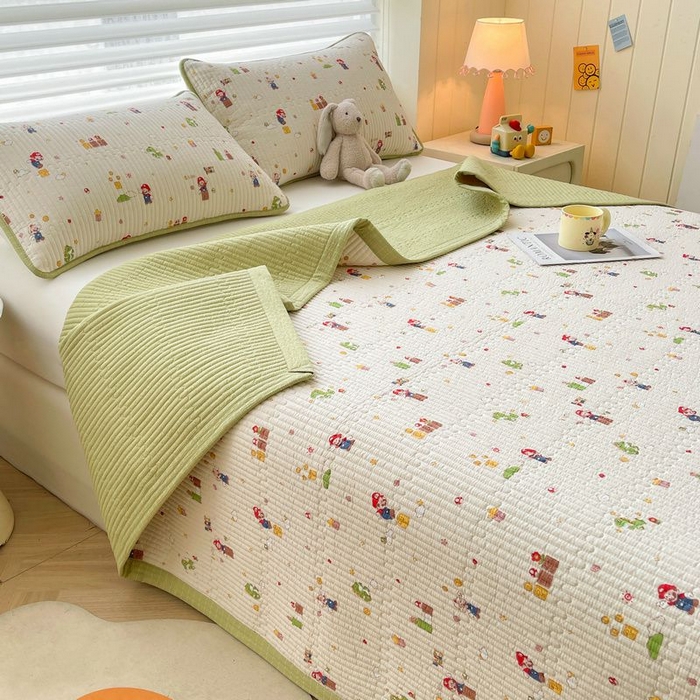 91家纺网 家纺一手货源 找家纺 梵朴 2026新款A类泡芙双层纱云感邹邹纱床盖三件套 快乐马里奥