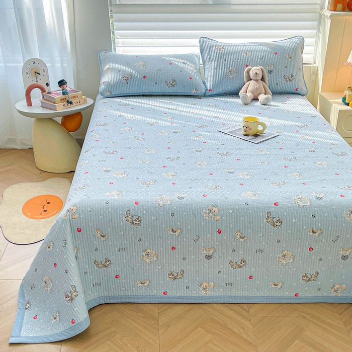 91家纺网 家纺一手货源 找家纺 梵朴 2026新款A类泡芙双层纱云感邹邹纱床盖三件套 猫咪蓝