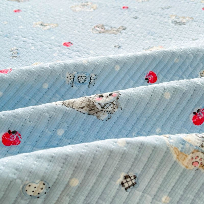 91家纺网 家纺一手货源 找家纺 梵朴 2026新款A类泡芙双层纱云感邹邹纱床盖三件套 猫咪蓝