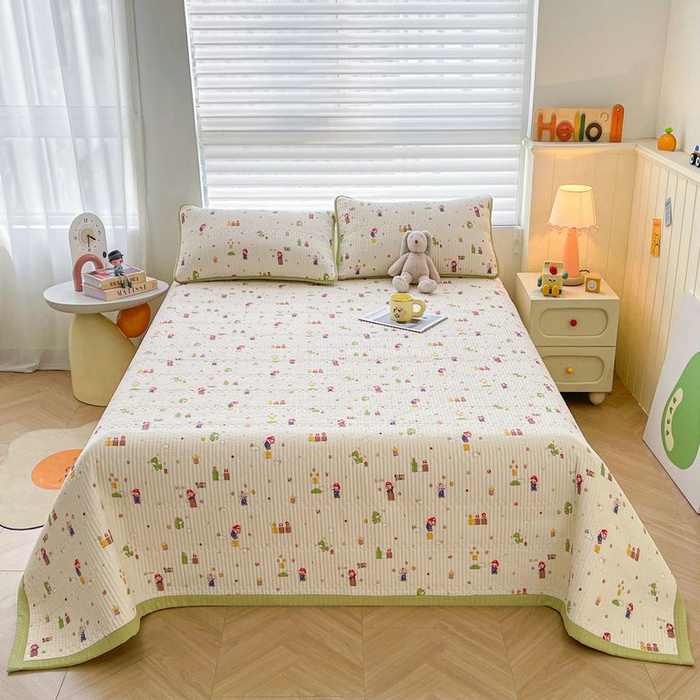 91家纺网 家纺一手货源 找家纺 梵朴 2026新款A类泡芙双层纱云感邹邹纱床盖三件套 快乐马里奥