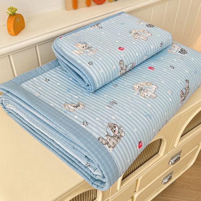 91家纺网 家纺一手货源 找家纺 梵朴 2026新款A类泡芙双层纱云感邹邹纱床盖三件套 猫咪蓝