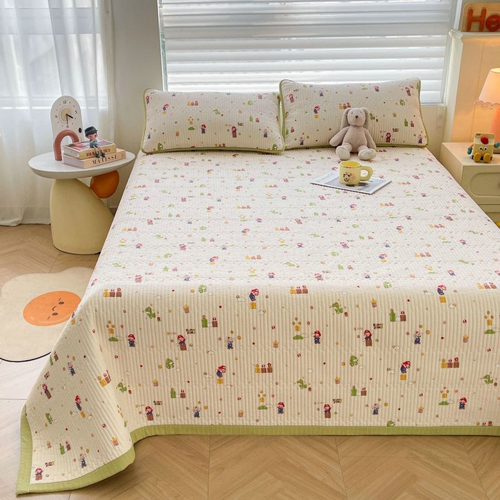 91家纺网 家纺一手货源 找家纺 梵朴 2026新款A类泡芙双层纱云感邹邹纱床盖三件套 快乐马里奥