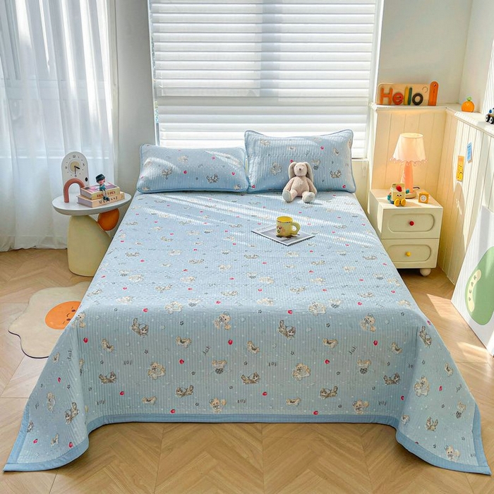 91家纺网 家纺一手货源 找家纺 梵朴 2026新款A类泡芙双层纱云感邹邹纱床盖三件套 猫咪蓝