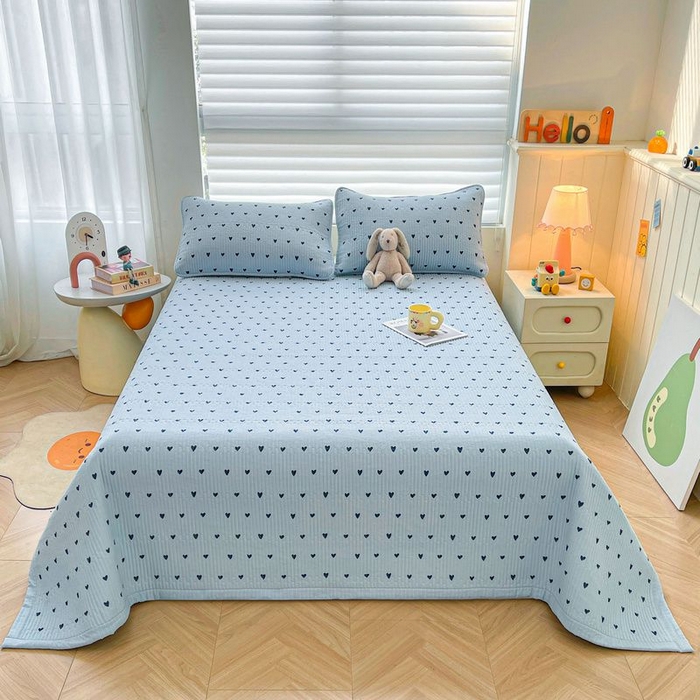 91家纺网 家纺一手货源 找家纺 梵朴 2026新款A类泡芙双层纱云感邹邹纱床盖三件套 蓝调爱心